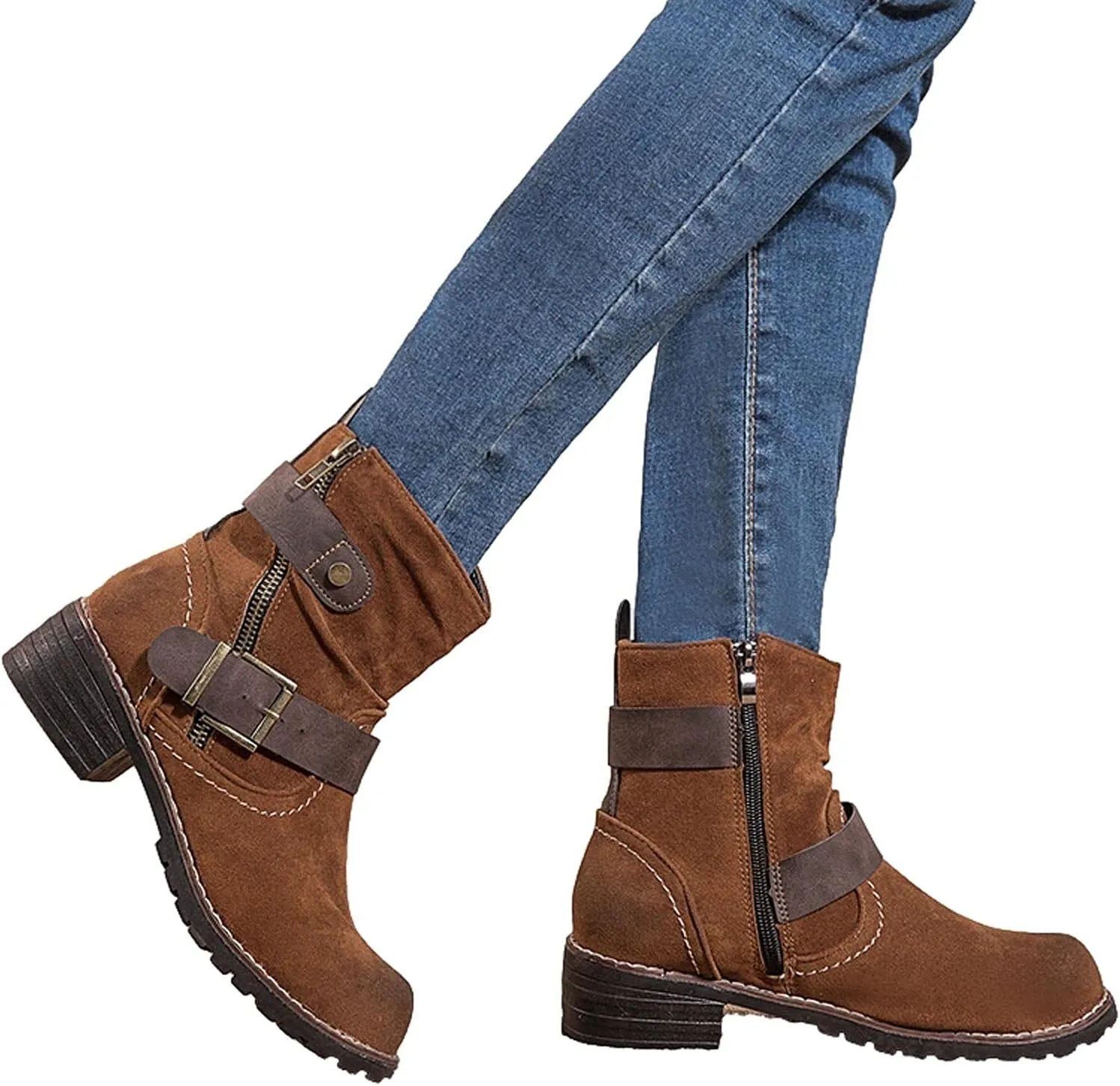 oiangi Womens Booties and Ankle Boots Round Toe Side Zipper Buckle Strap Mid Chunky Heel Boots Outdoor Ladies Casual Shoes