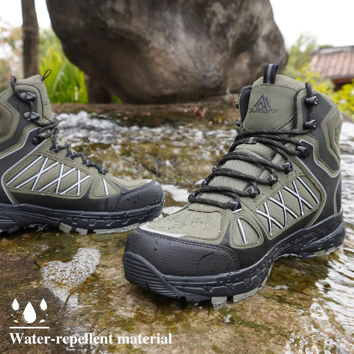Queday Men's Hiking Boots Waterproof Outdoor Lightweight Trekking Shoes Ankle High Boots