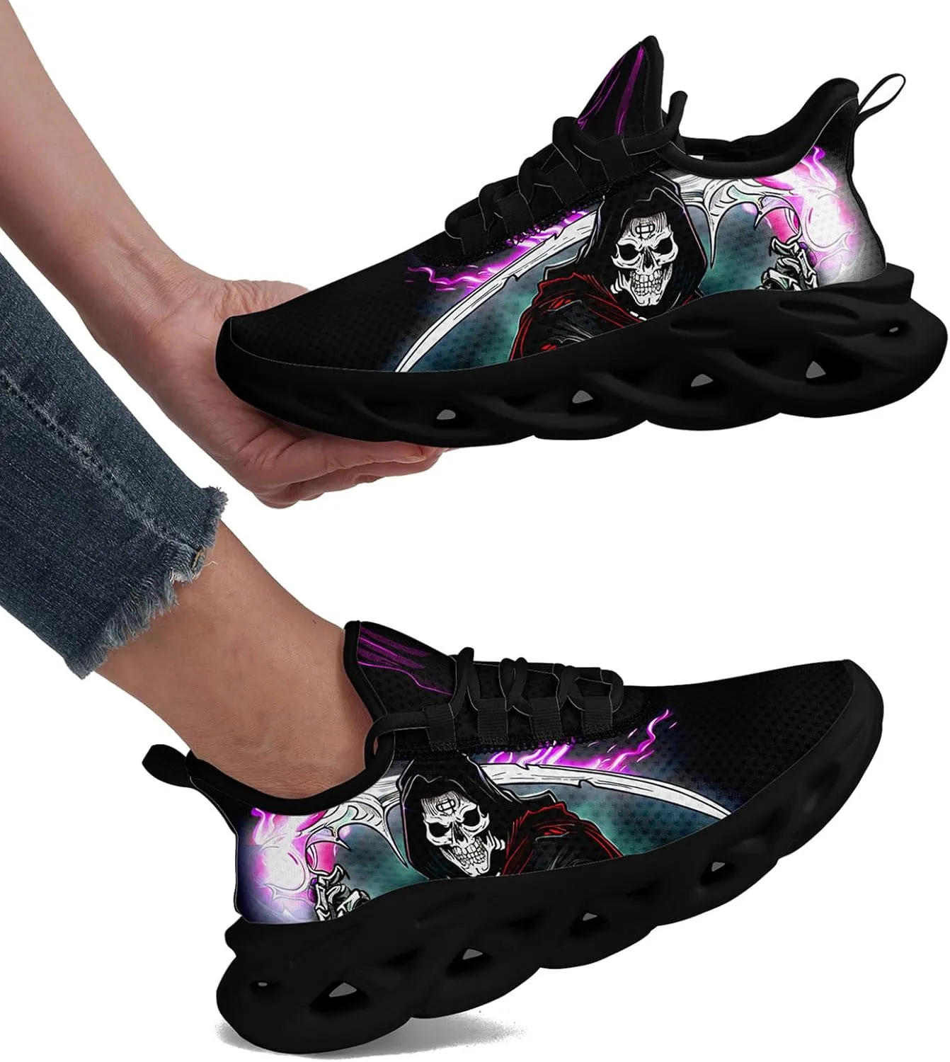 Skull Road Running Shoes for Men Women Athletic Cushioned Durable Sport Tennis Shoes Cool Scythe Cross-Training Sneakers