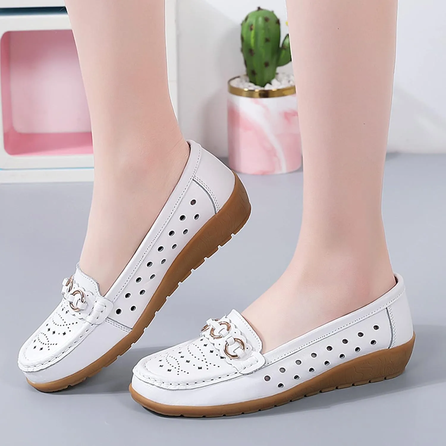 Slip On Work Flat Womens Walking Flat Loafer Slip On Leather Loafer Comfortable Shoes Outdoor Driving Hollow Out