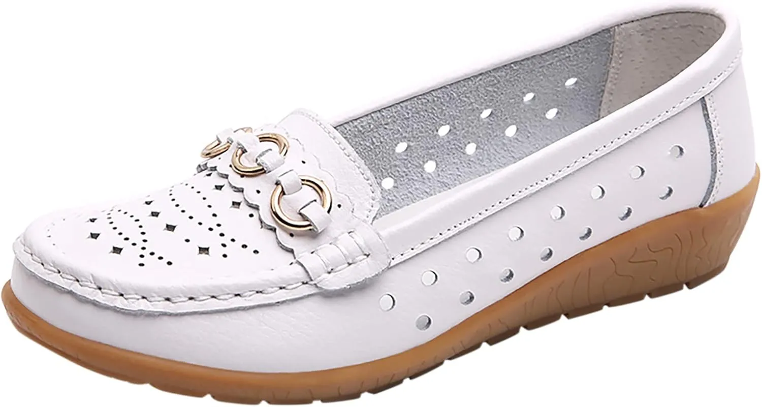 Slip On Work Flat Womens Walking Flat Loafer Slip On Leather Loafer Comfortable Shoes Outdoor Driving Hollow Out