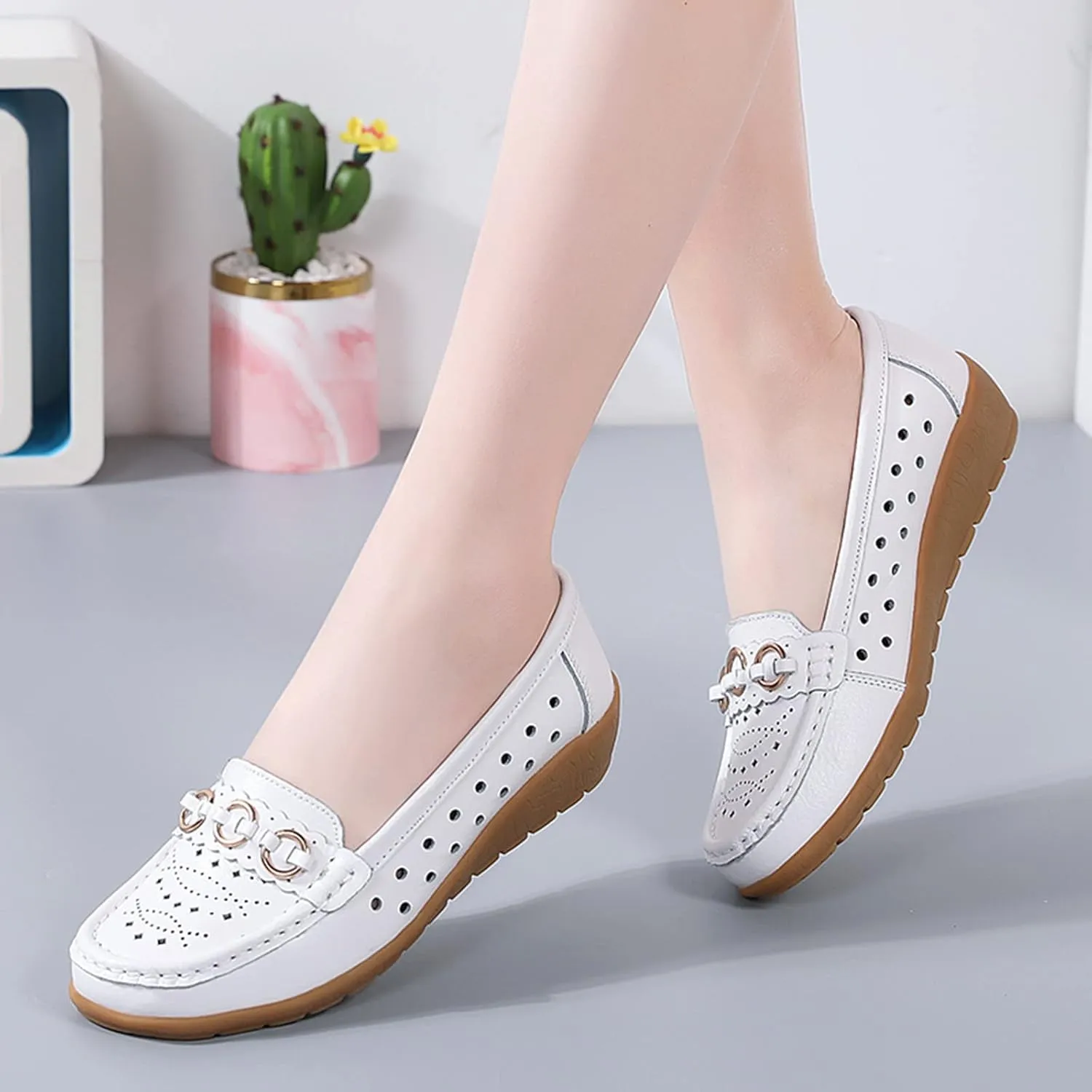 Slip On Work Flat Womens Walking Flat Loafer Slip On Leather Loafer Comfortable Shoes Outdoor Driving Hollow Out
