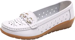 Slip On Work Flat Womens Walking Flat Loafer Slip On Leather Loafer Comfortable Shoes Outdoor Driving Hollow Out