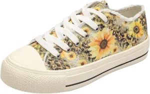 Sunflower Canvas Tennis Shoes for Women Low Top Casual Sneakers for Women Lace Up Fashion Comfortable Walking Shoes,Fashion Canvas Slip on Shoes,Women's Comfort Plush Foam Sneaker