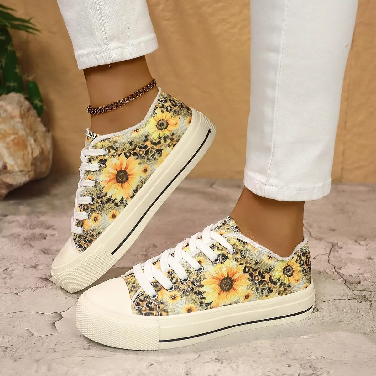 Sunflower Canvas Tennis Shoes for Women Low Top Casual Sneakers for Women Lace Up Fashion Comfortable Walking Shoes,Fashion Canvas Slip on Shoes,Women's Comfort Plush Foam Sneaker