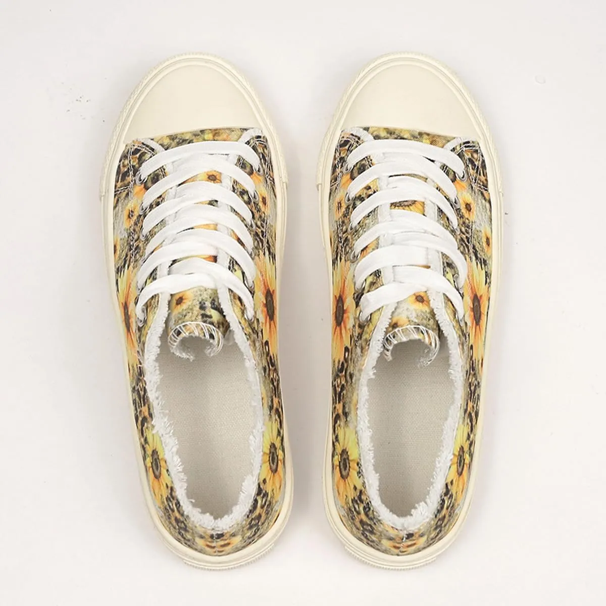 Sunflower Canvas Tennis Shoes for Women Low Top Casual Sneakers for Women Lace Up Fashion Comfortable Walking Shoes,Fashion Canvas Slip on Shoes,Women's Comfort Plush Foam Sneaker