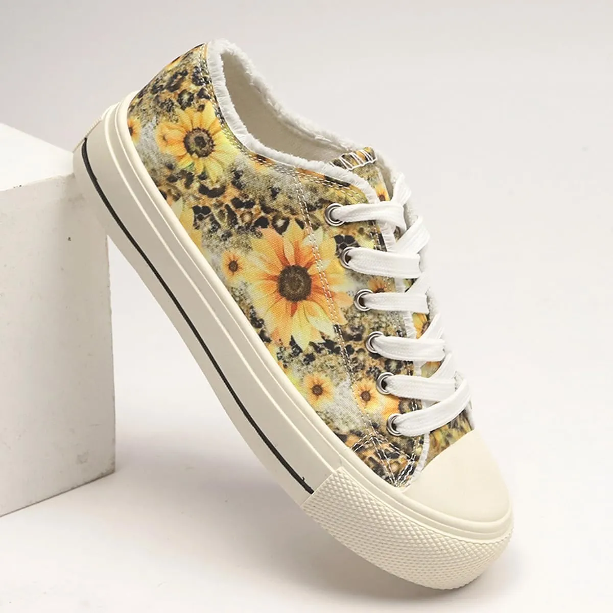 Sunflower Canvas Tennis Shoes for Women Low Top Casual Sneakers for Women Lace Up Fashion Comfortable Walking Shoes,Fashion Canvas Slip on Shoes,Women's Comfort Plush Foam Sneaker