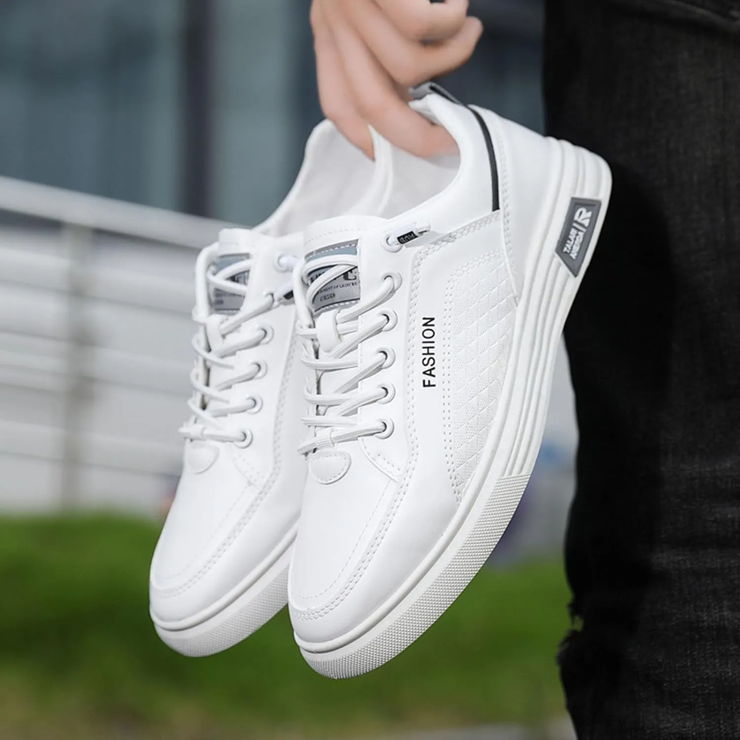 Tennis Walking Shoes Men's Fashion Round Toe Lace Up Leather White Shoes Casual Comfortable Breathable Sneakers