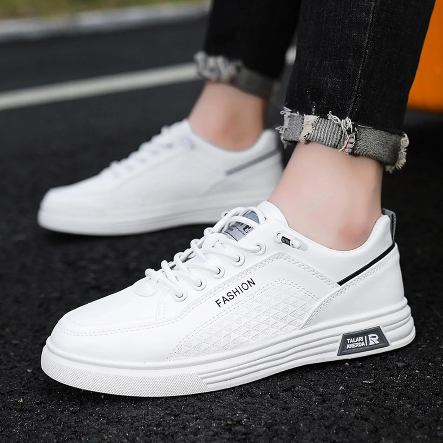 Tennis Walking Shoes Men's Fashion Round Toe Lace Up Leather White Shoes Casual Comfortable Breathable Sneakers