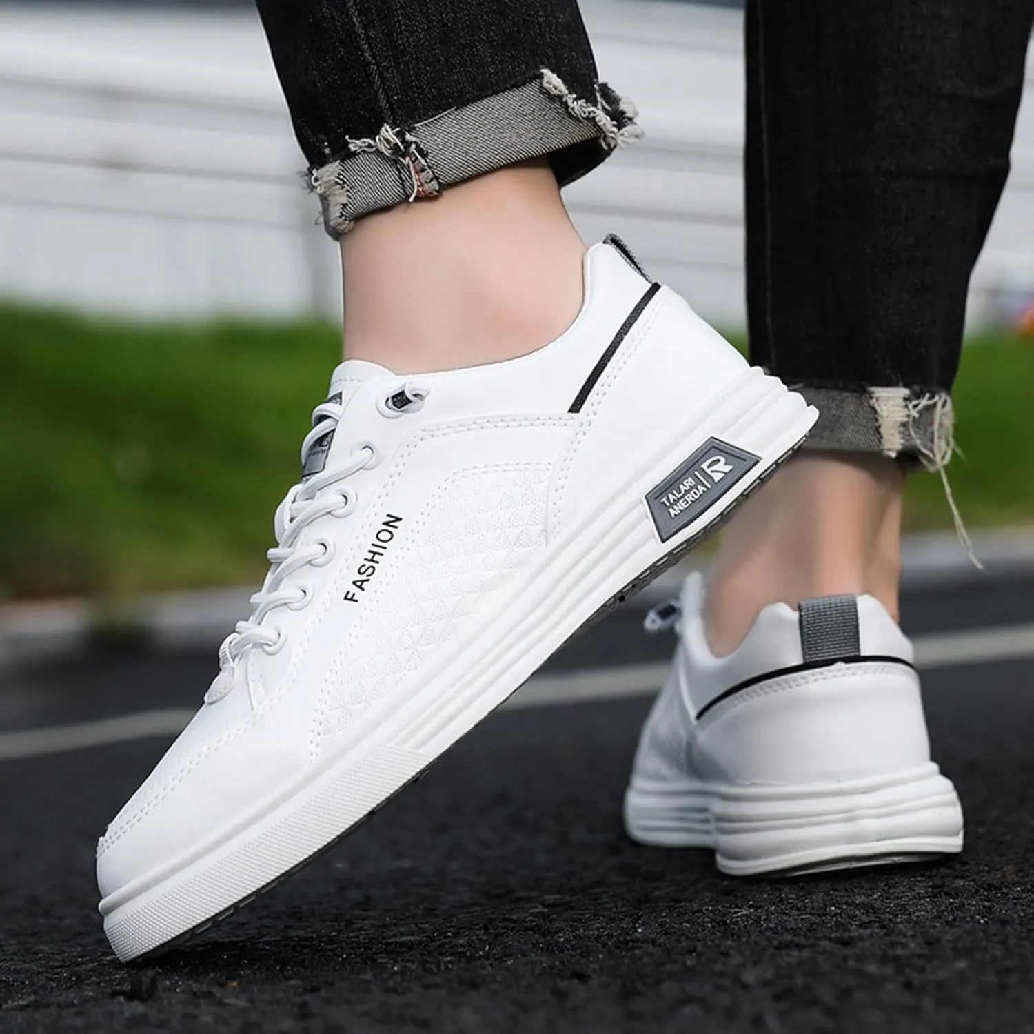 Tennis Walking Shoes Men's Fashion Round Toe Lace Up Leather White Shoes Casual Comfortable Breathable Sneakers