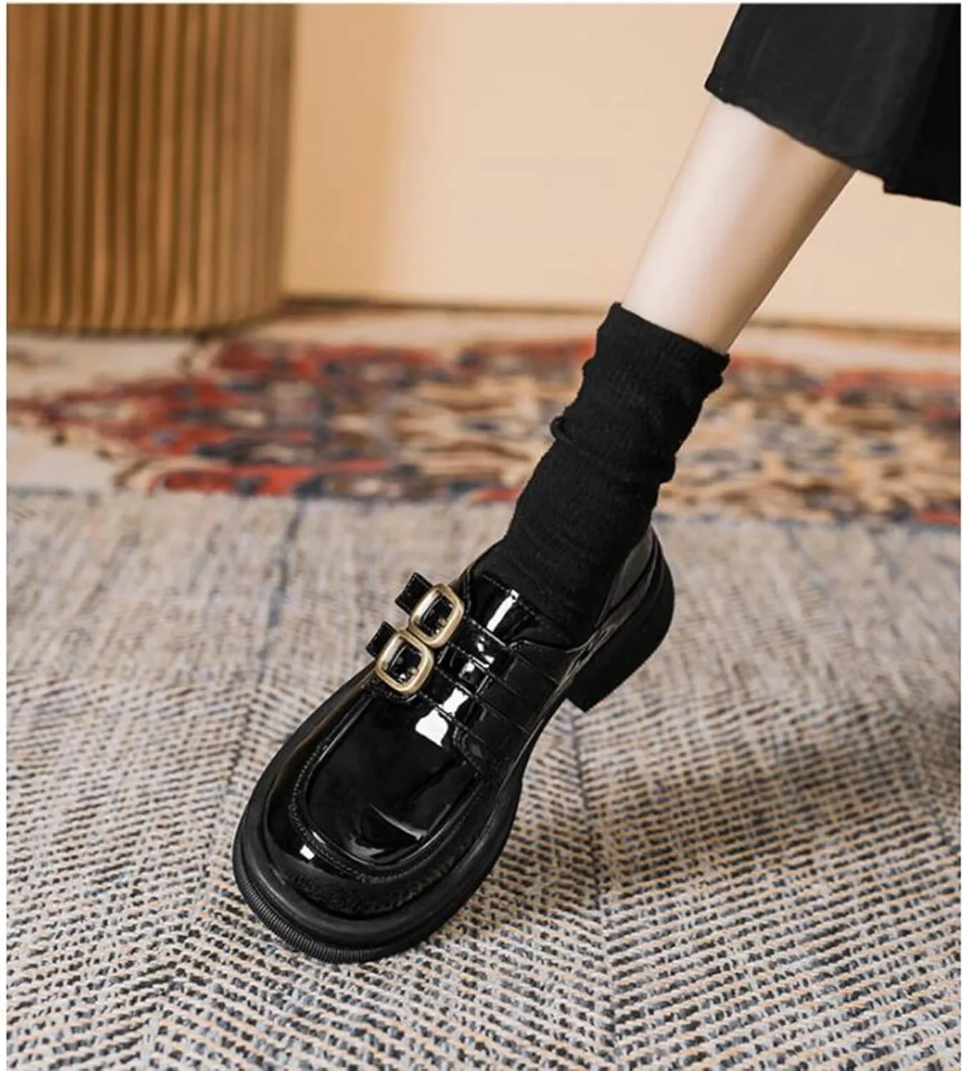 TNXZ Girl Platform Loafer Soft Leather Slip-ons Square Toe Chunky Loafer Shoes Penny Casual Fashion Uniform Leather Shoes