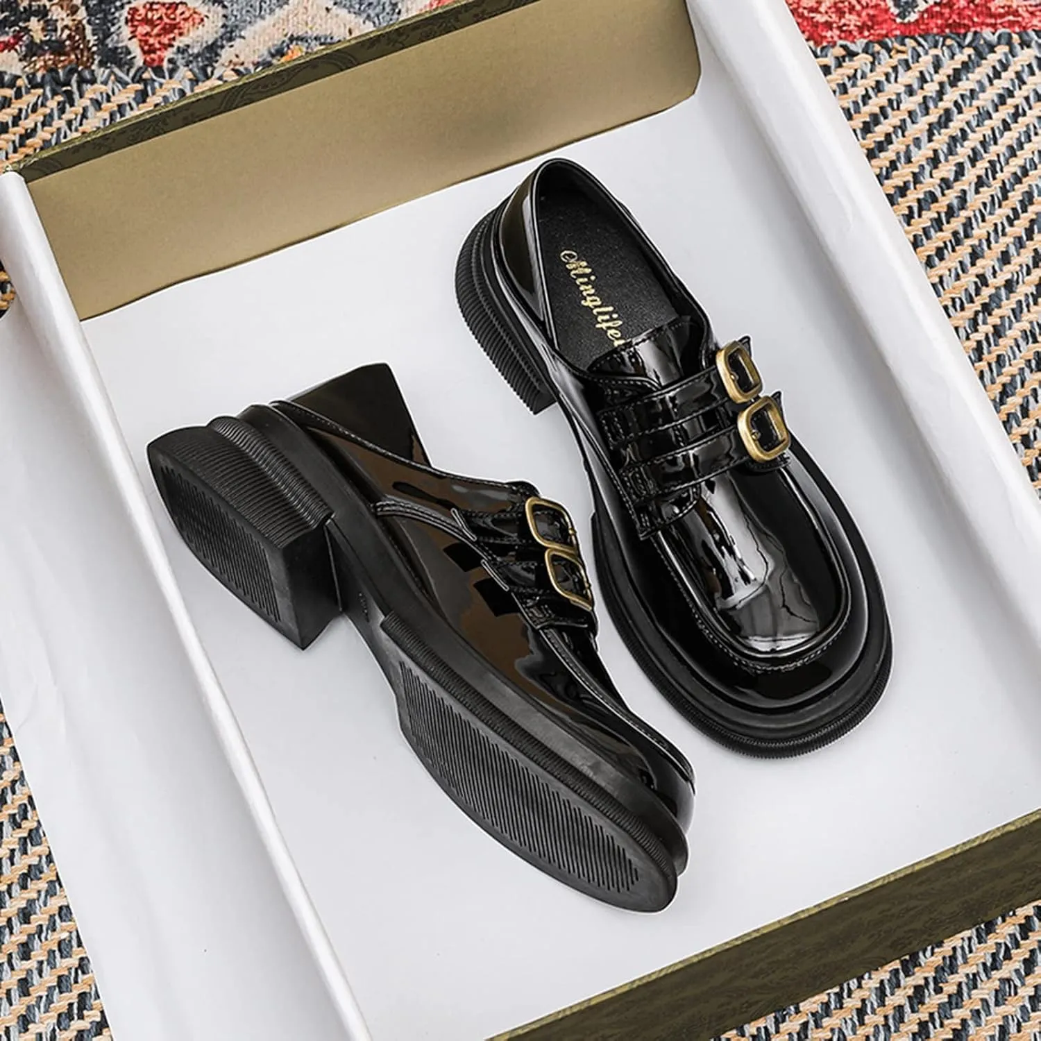 TNXZ Girl Platform Loafer Soft Leather Slip-ons Square Toe Chunky Loafer Shoes Penny Casual Fashion Uniform Leather Shoes