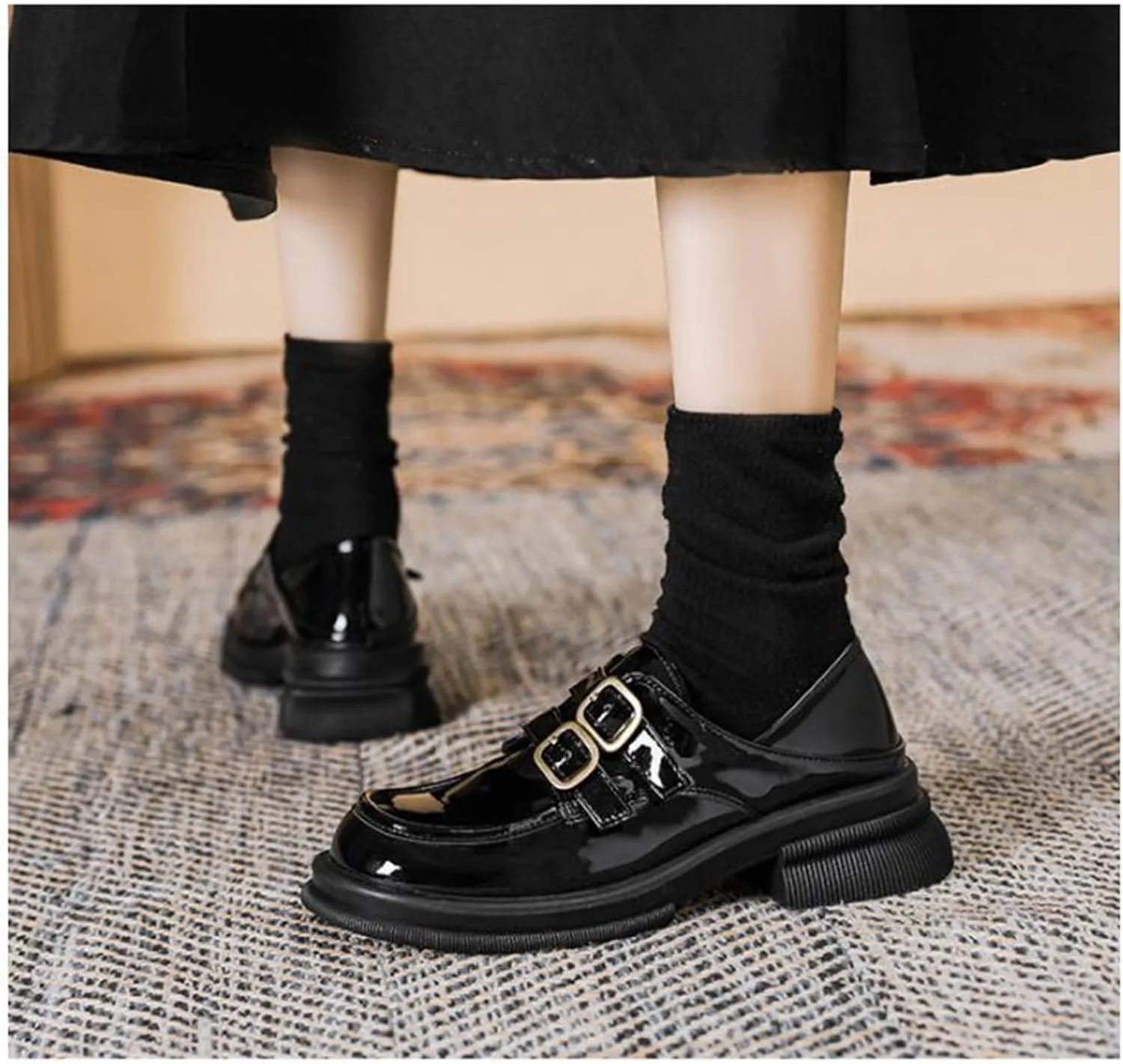 TNXZ Girl Platform Loafer Soft Leather Slip-ons Square Toe Chunky Loafer Shoes Penny Casual Fashion Uniform Leather Shoes