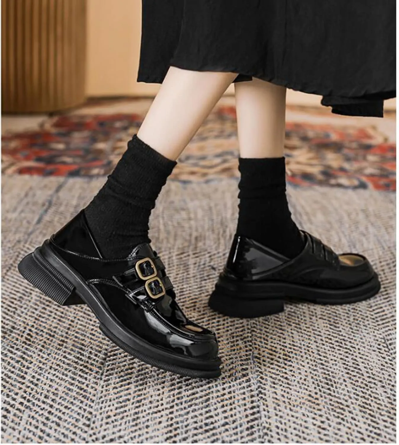TNXZ Girl Platform Loafer Soft Leather Slip-ons Square Toe Chunky Loafer Shoes Penny Casual Fashion Uniform Leather Shoes