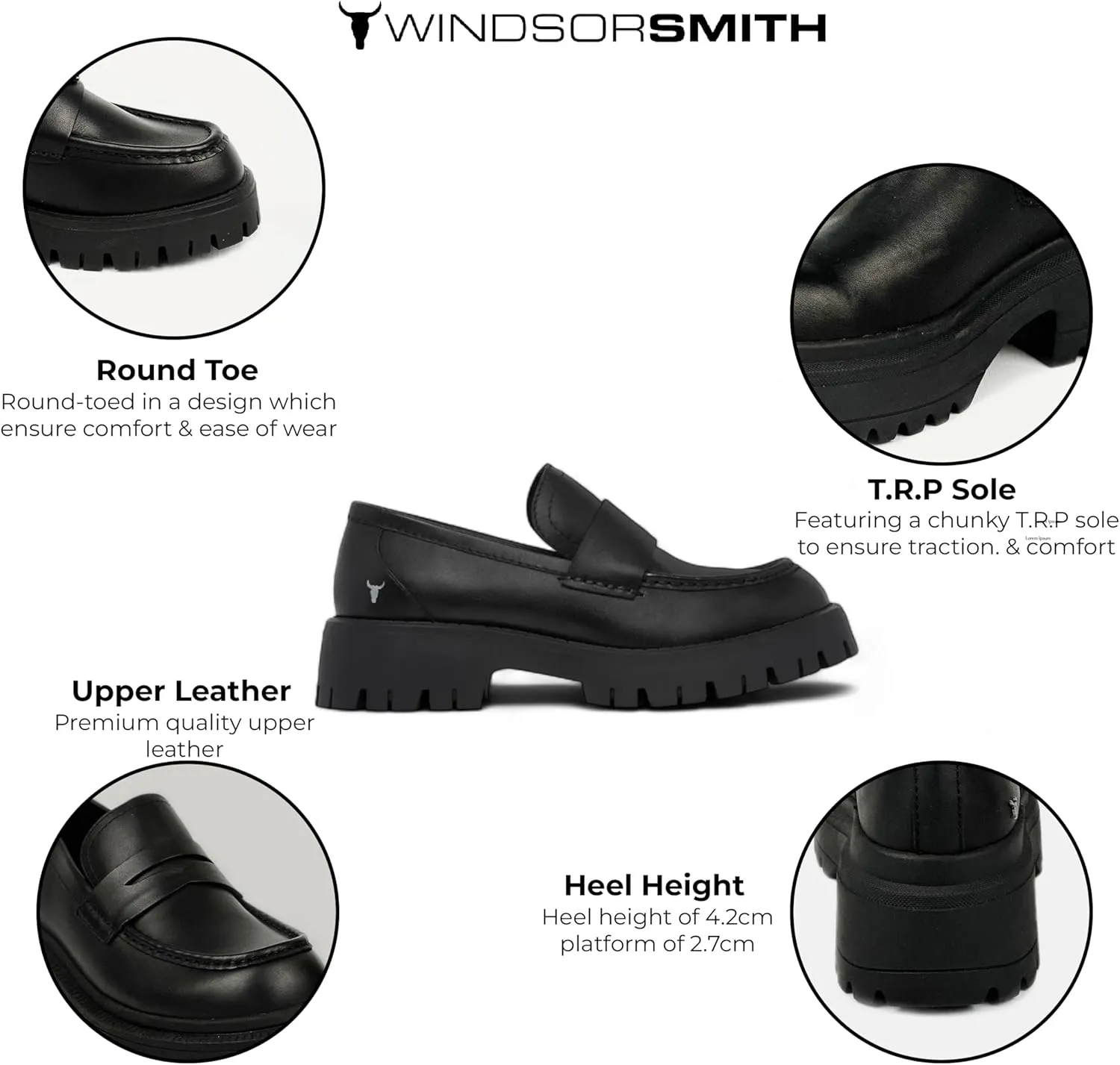 Windsorsmith Womens Black Leather Platform Chunky Loafers Shoes - True