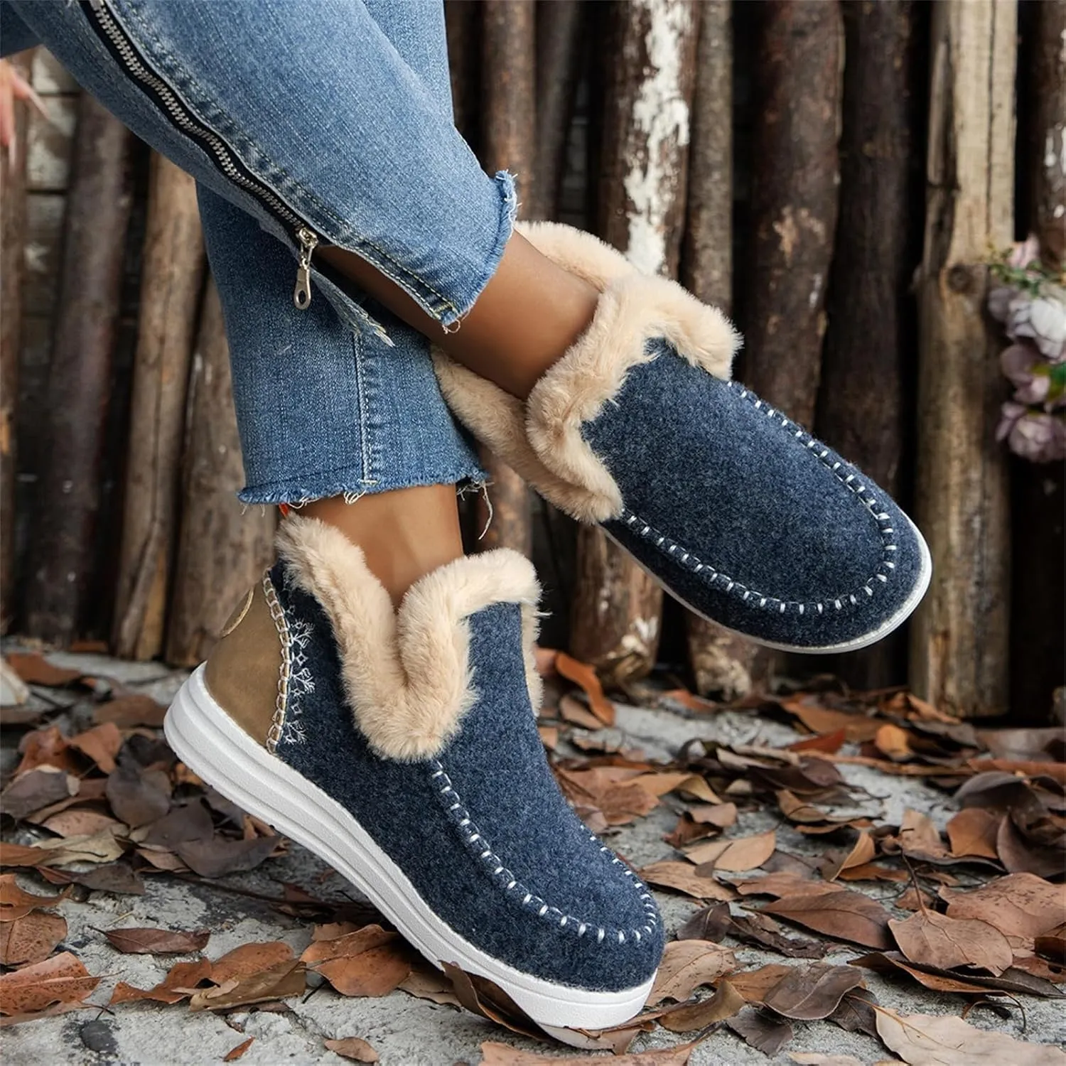 Winter Boots For Women 2024 Dressy Casual Slip-on Warm Loafers Shoes Faux Fur-Lined Comfortable Snow Ankle Boots