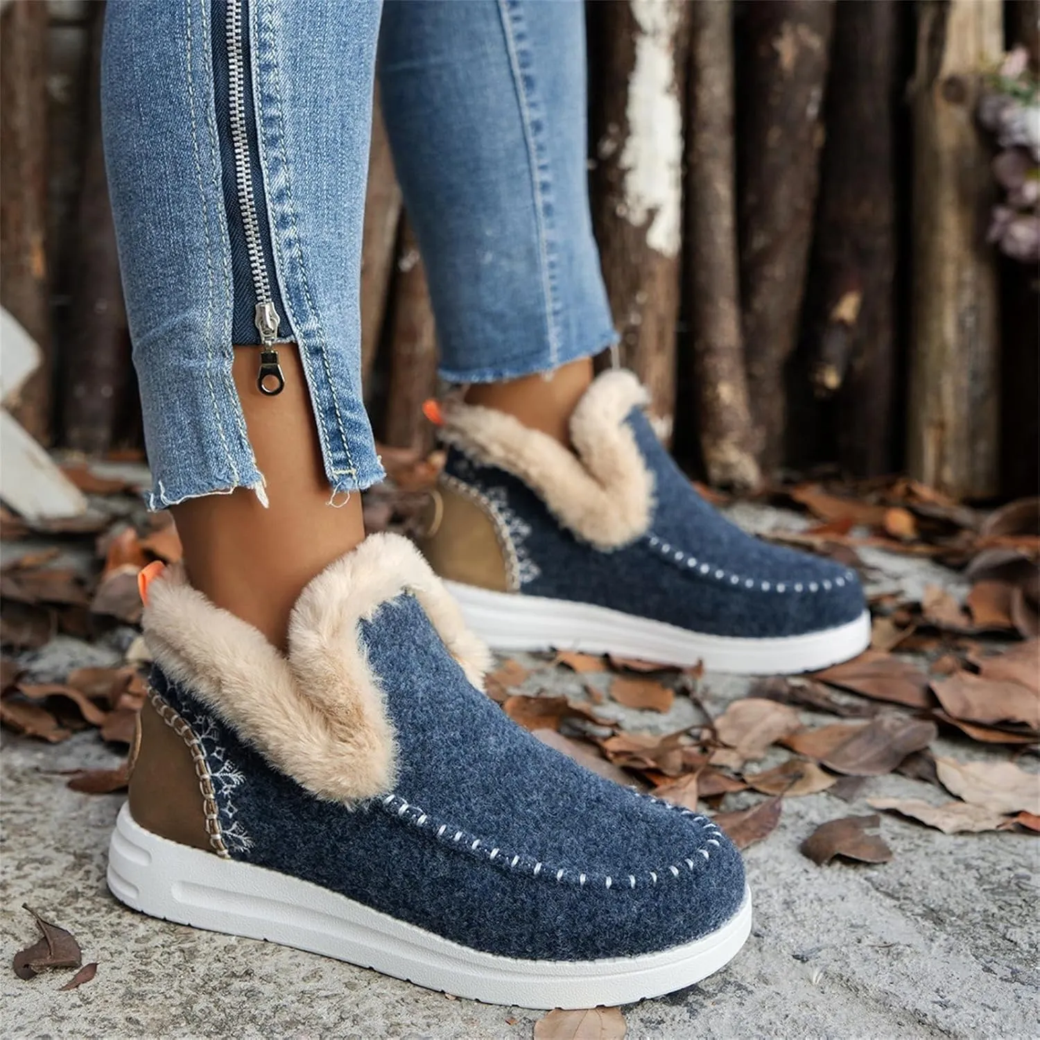 Winter Boots For Women 2024 Dressy Casual Slip-on Warm Loafers Shoes Faux Fur-Lined Comfortable Snow Ankle Boots