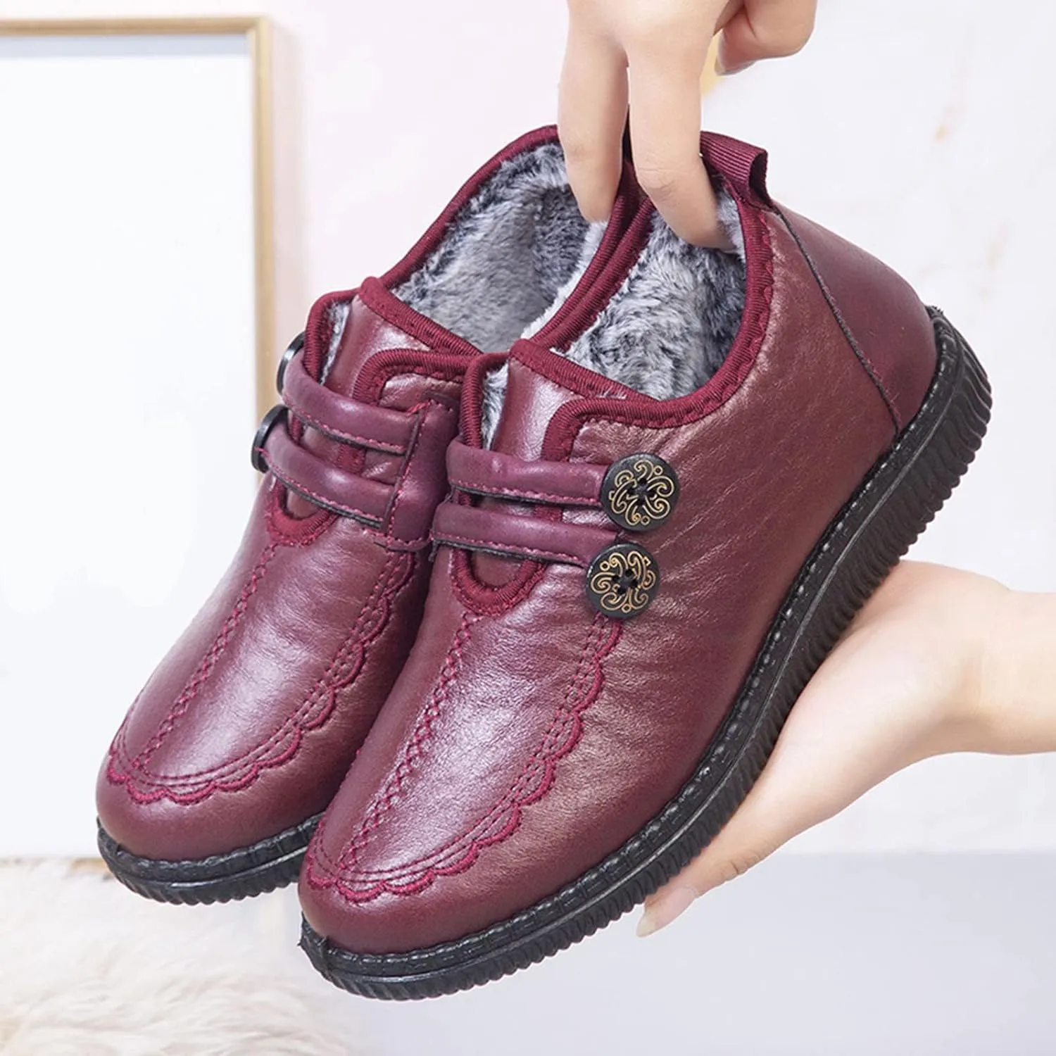 Winter Snow Boots for Women - Women's Ankle Boots Arch Support Wide Width Winter Boot WaterProof Outdoor Shoes Retro Faux Leather Fur Lined Short Boots Slip On Loafers for Women Ladies