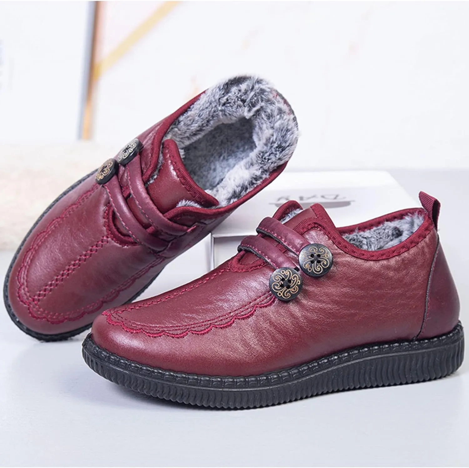 Winter Snow Boots for Women - Women's Ankle Boots Arch Support Wide Width Winter Boot WaterProof Outdoor Shoes Retro Faux Leather Fur Lined Short Boots Slip On Loafers for Women Ladies