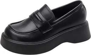 Women's Black Leather Chunky Loafers with Thick Sole - Platform Single/Patent Leather, for Work in Spring/Autumn