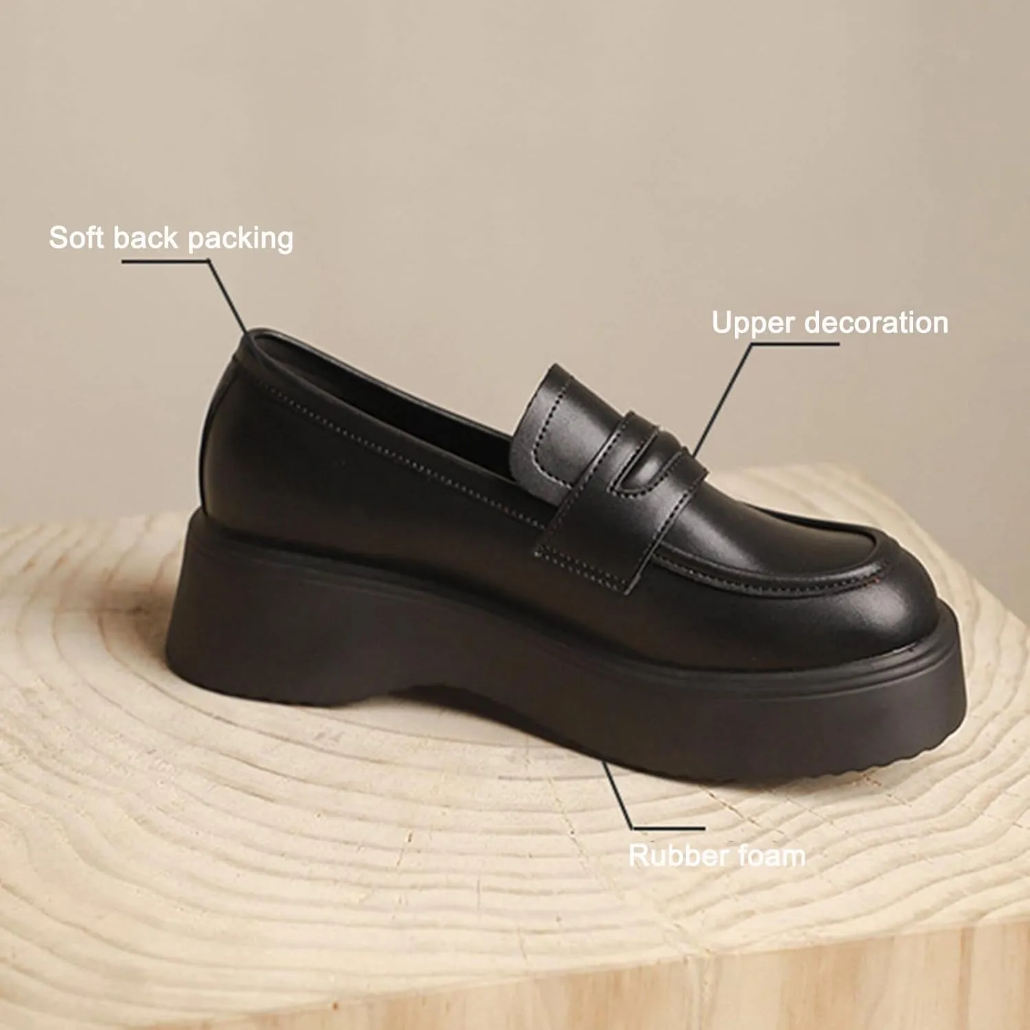 Women's Black Leather Chunky Loafers with Thick Sole - Platform Single/Patent Leather, for Work in Spring/Autumn