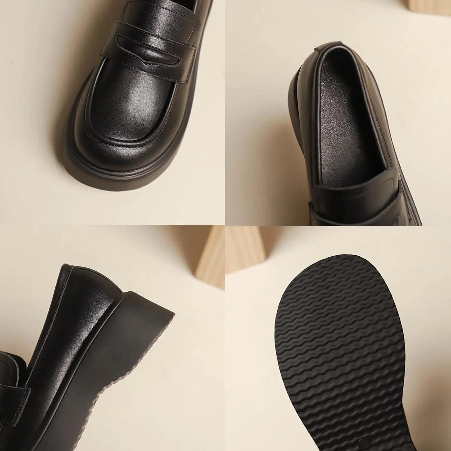 Women's Black Leather Chunky Loafers with Thick Sole - Platform Single/Patent Leather, for Work in Spring/Autumn