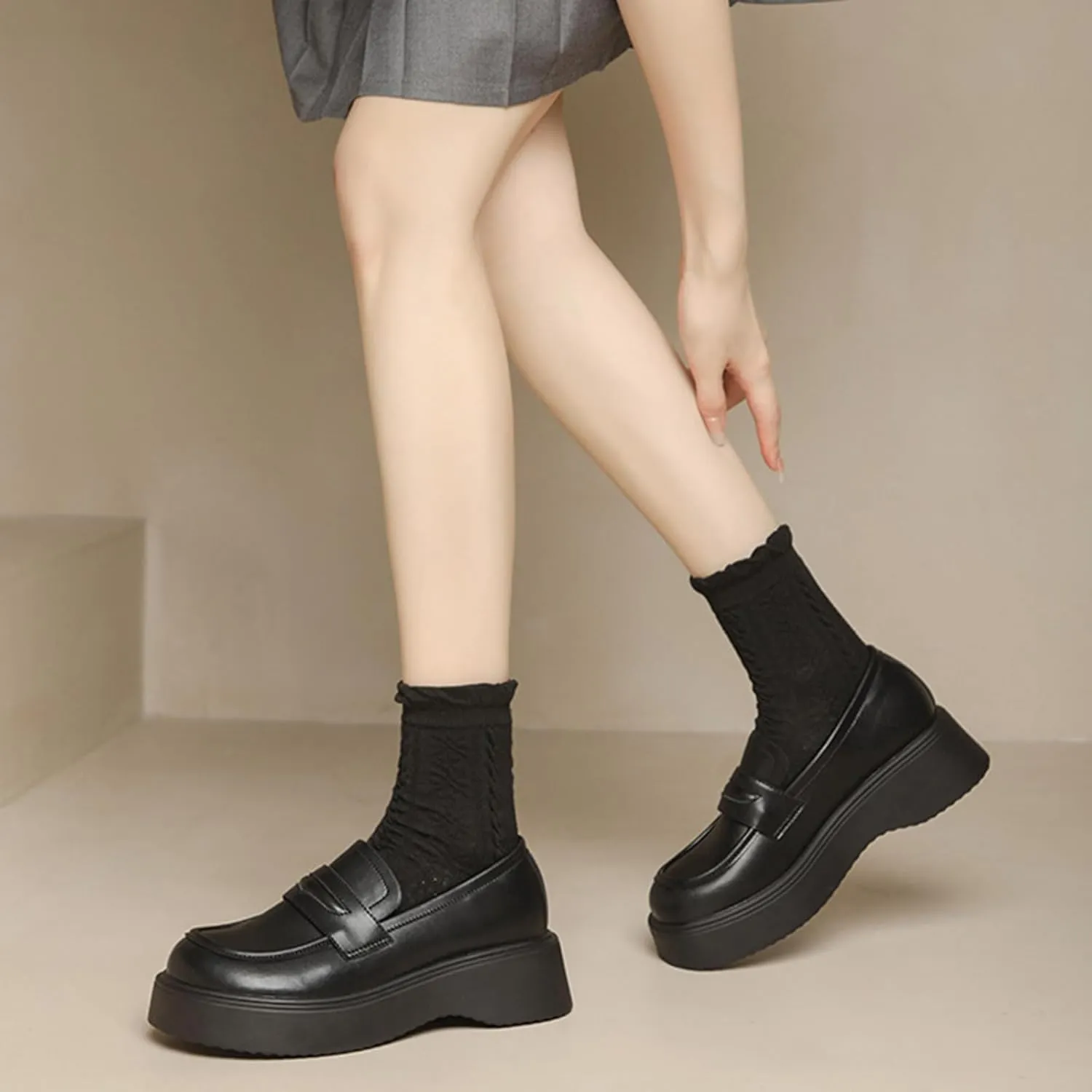 Women's Black Leather Chunky Loafers with Thick Sole - Platform Single/Patent Leather, for Work in Spring/Autumn