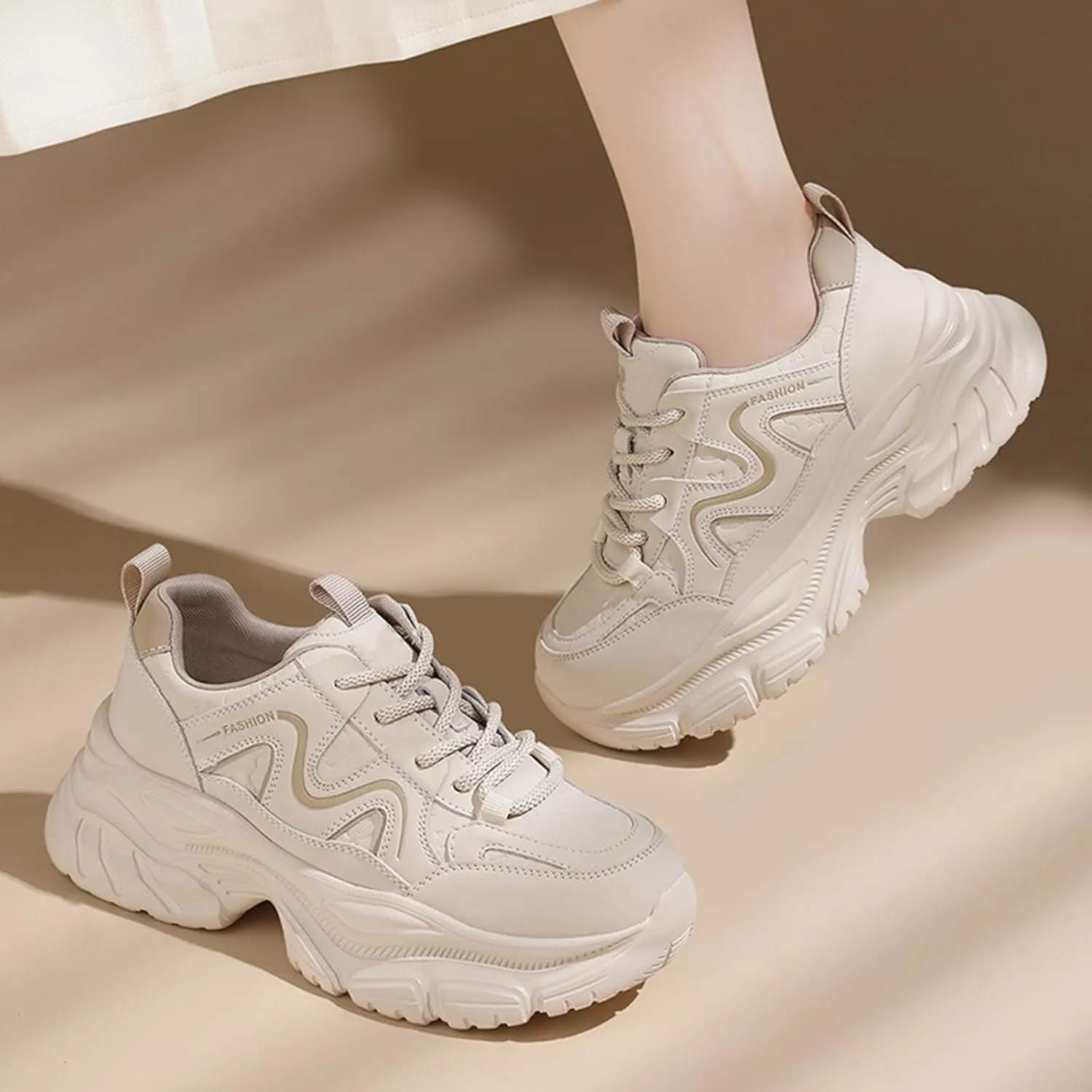 Women's Chunky Platform Sneakers - Fashionable and Comfortable Casual Trainers with Breathable Leather, Lightweight and Perfect for Running,Apricot-39