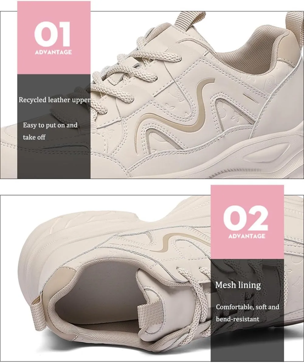 Women's Chunky Platform Sneakers - Fashionable and Comfortable Casual Trainers with Breathable Leather, Lightweight and Perfect for Running,Apricot-39