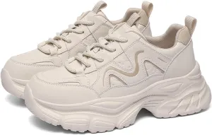 Women's Chunky Platform Sneakers - Fashionable and Comfortable Casual Trainers with Breathable Leather, Lightweight and Perfect for Running,Apricot-39