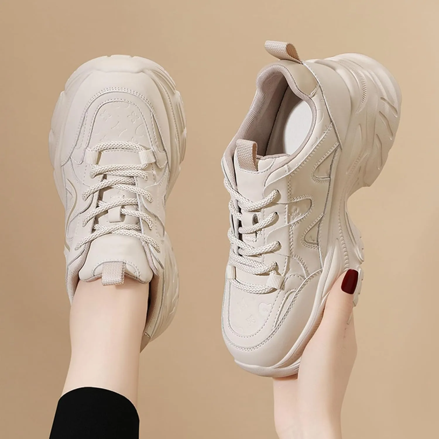 Women's Chunky Platform Sneakers - Fashionable and Comfortable Casual Trainers with Breathable Leather, Lightweight and Perfect for Running,Apricot-39