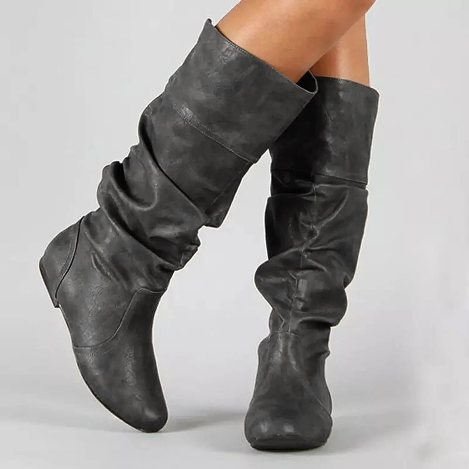 Womens Knee High Boots No Heel,Casual Pull On Tall Boots Slouchy Leather Flat Booties Wide Calf Boots for Women 2024
