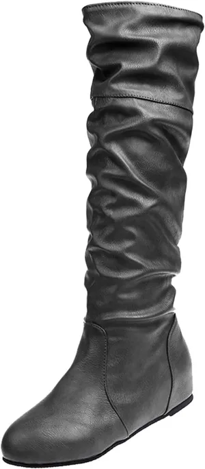 Womens Knee High Boots No Heel,Casual Pull On Tall Boots Slouchy Leather Flat Booties Wide Calf Boots for Women 2024