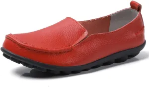 Women's Leather Loafers, Orthopaedic Slip-On Shoes in Breathable Leather, Flat Moccasins, Driving, Nurse, Hiking Shoes, Non-Slip Casual Comfort, Soft Shoes, Red, 7