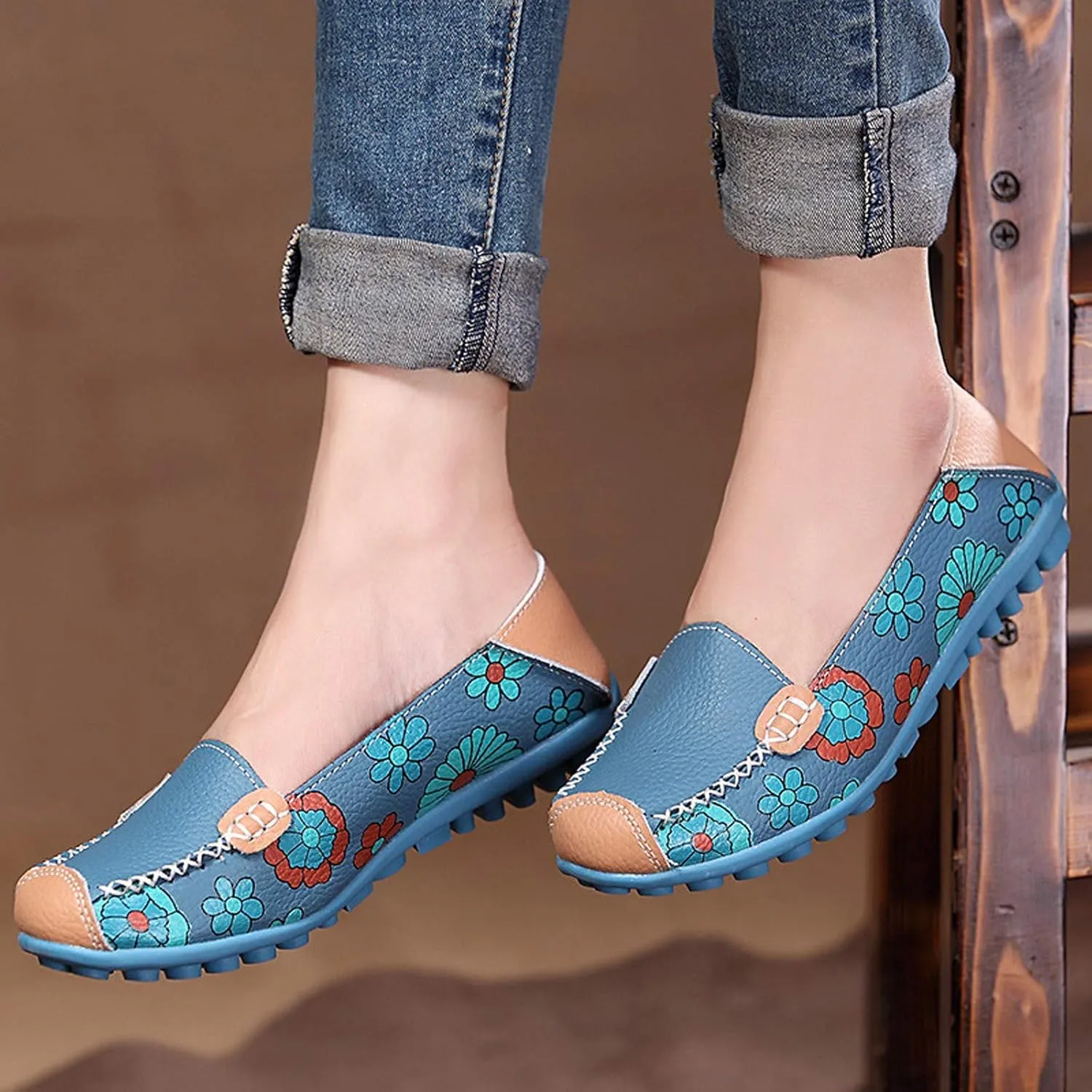 Women's Loafer Shoes Printed Leather Walking Casual Loafers Women's Shoes Comfortable Flat Casual