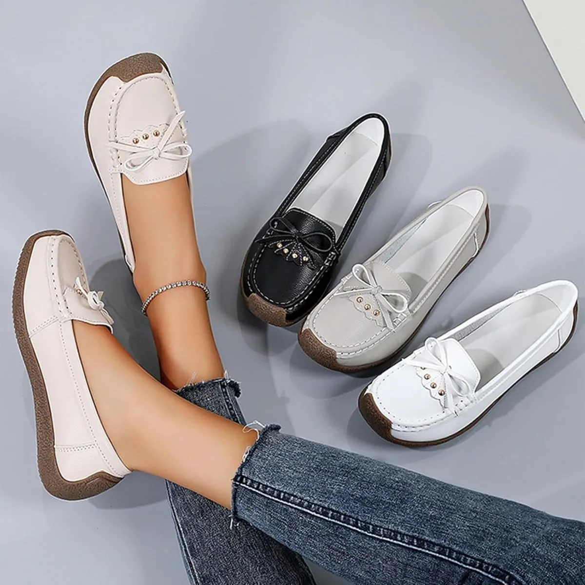 Women's Orthopedic Loafers in Breathable Leather, Wide Fit Leather Loafers Comfort Walking Moccasins Casual Slip-On Flat Shoes