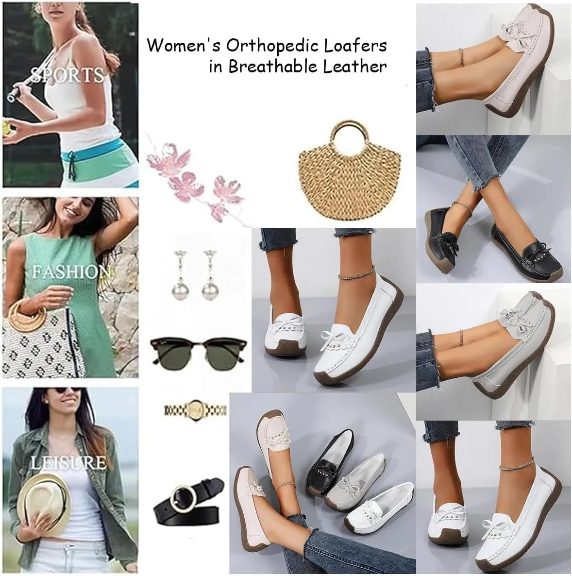 Women's Orthopedic Loafers in Breathable Leather, Wide Fit Leather Loafers Comfort Walking Moccasins Casual Slip-On Flat Shoes