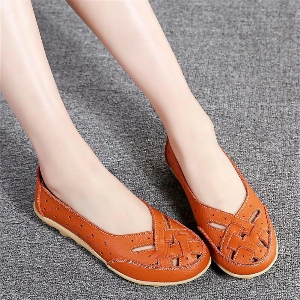 Womens Orthopedic Loafers in Breathable Leather,Casual Leather Slip on Summer Shoes for Women,Comfortable Hollow Soft Flats Sandals Leather,Summer Leather Cutout Loafers