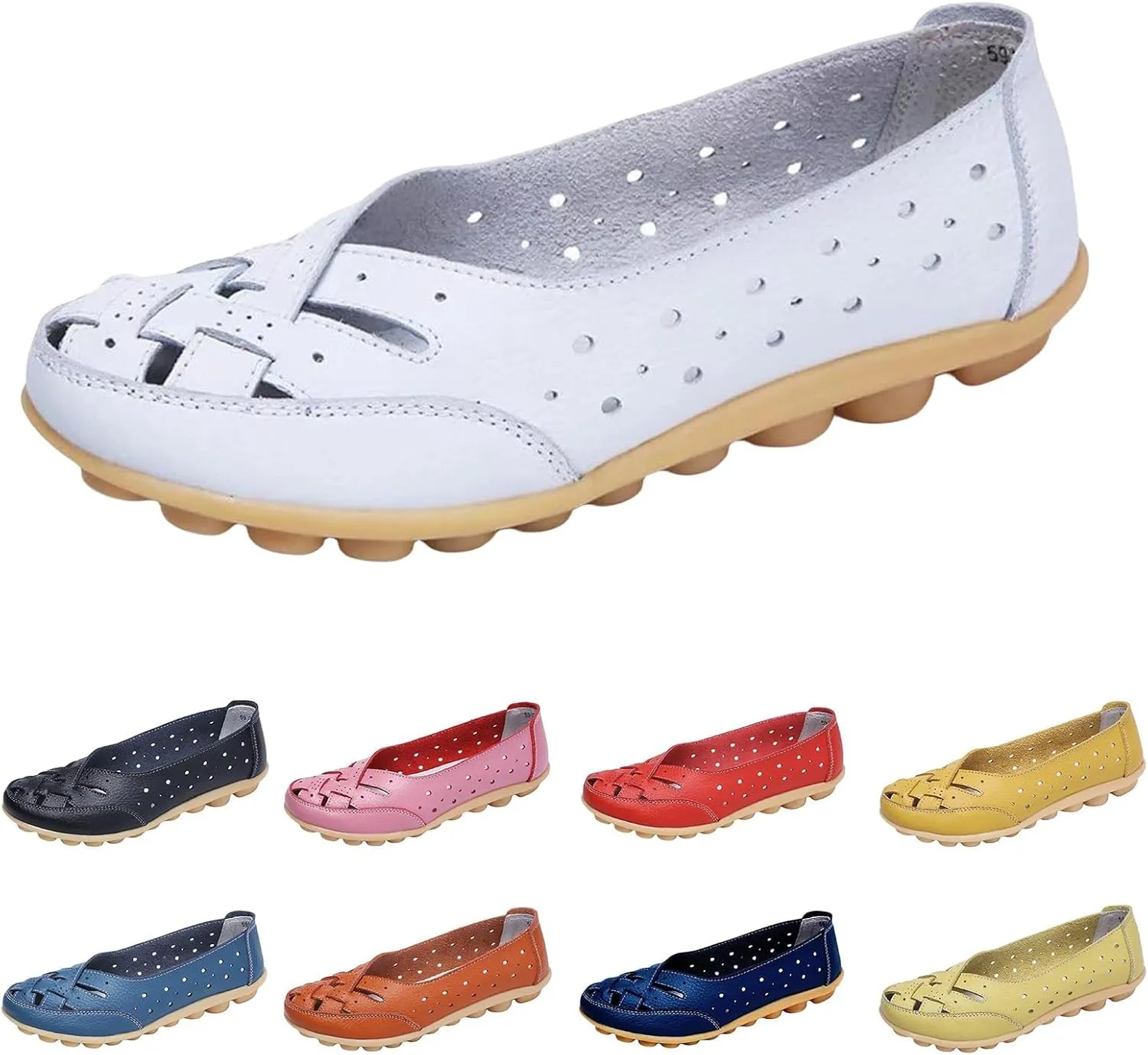 Womens Orthopedic Loafers in Breathable Leather,Casual Leather Slip on Summer Shoes for Women,Comfortable Hollow Soft Flats Sandals Leather,Summer Leather Cutout Loafers