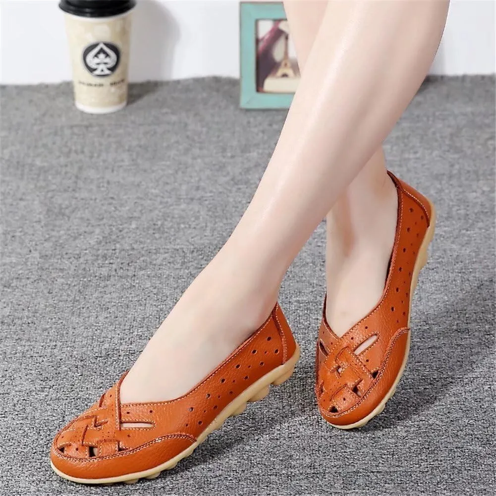 Womens Orthopedic Loafers in Breathable Leather,Casual Leather Slip on Summer Shoes for Women,Comfortable Hollow Soft Flats Sandals Leather,Summer Leather Cutout Loafers