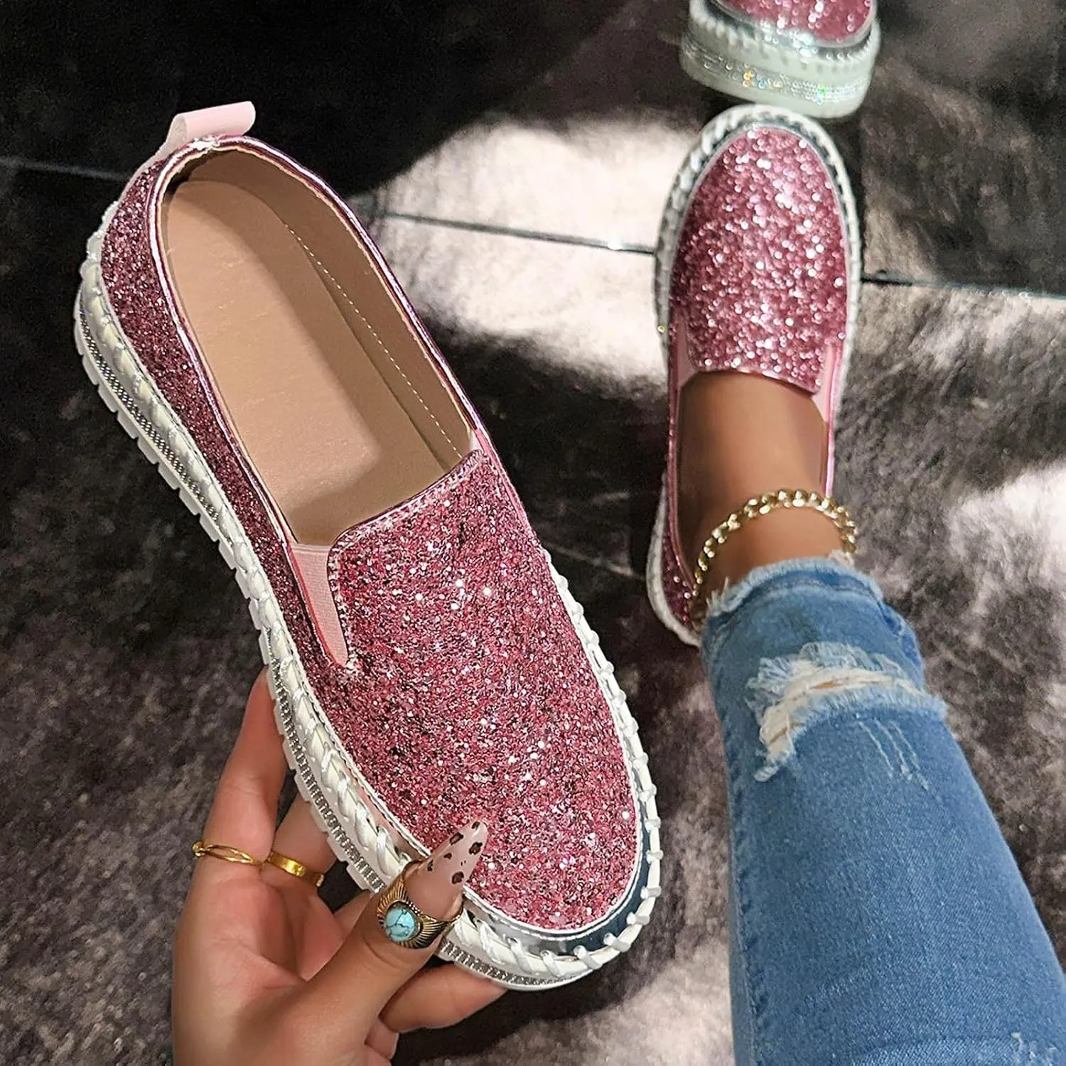 Women's Platform Shoes Slip On Rhinestone Sneakers