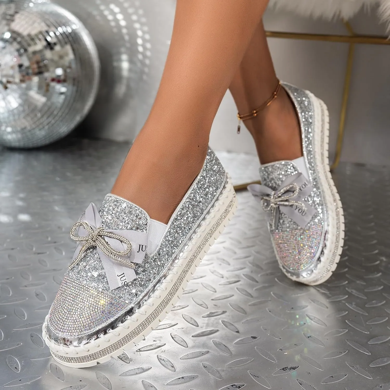 Women's Platform Shoes Slip On Rhinestone Sneakers