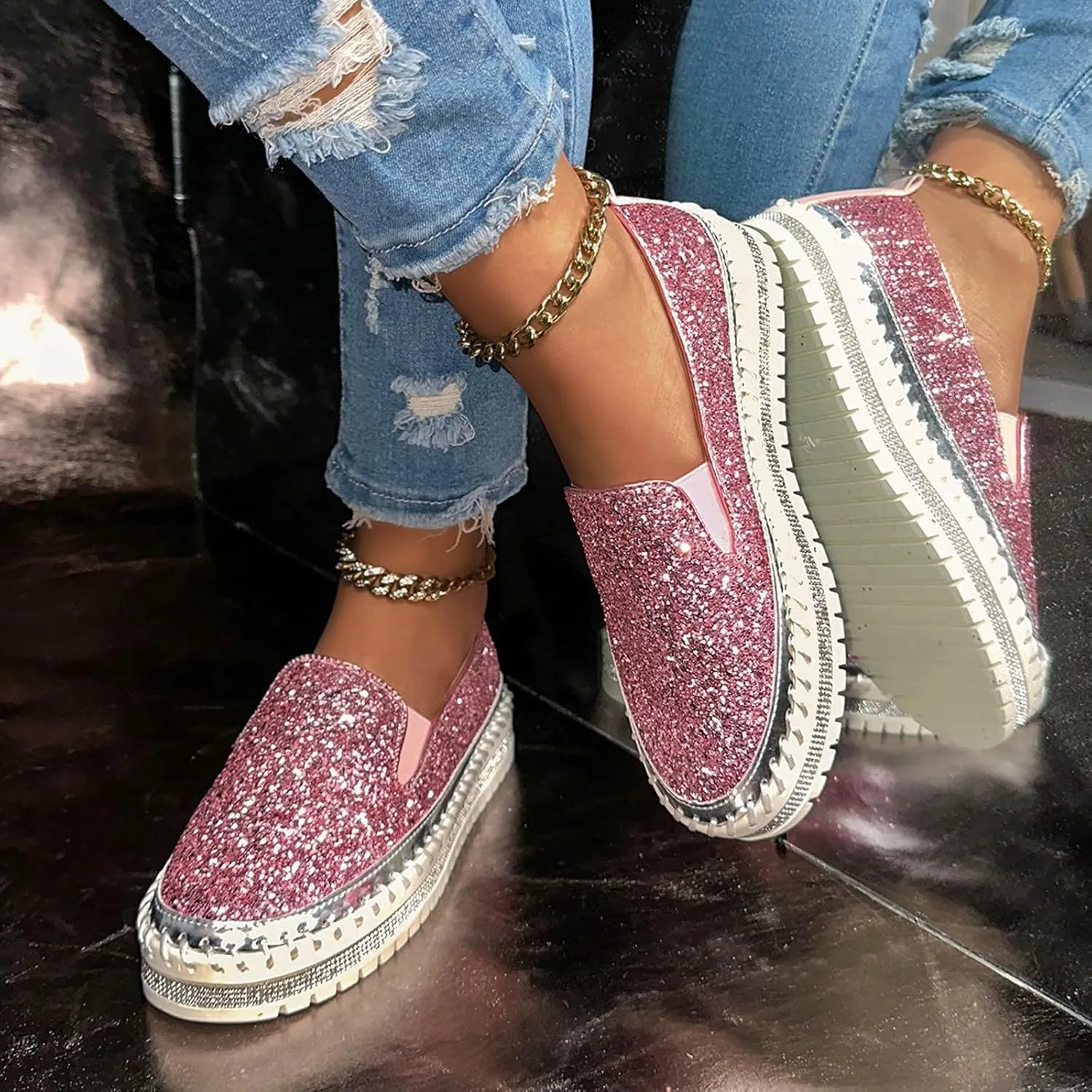 Women's Platform Shoes Slip On Rhinestone Sneakers