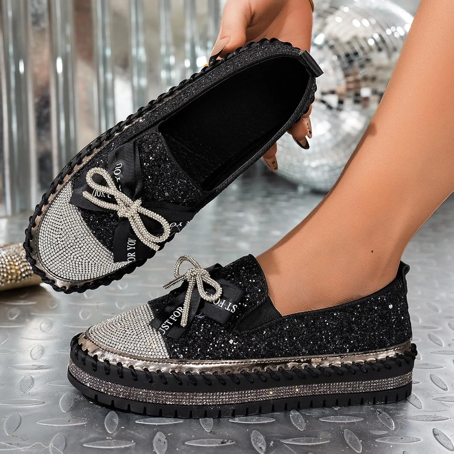Women's Platform Shoes Slip On Rhinestone Sneakers