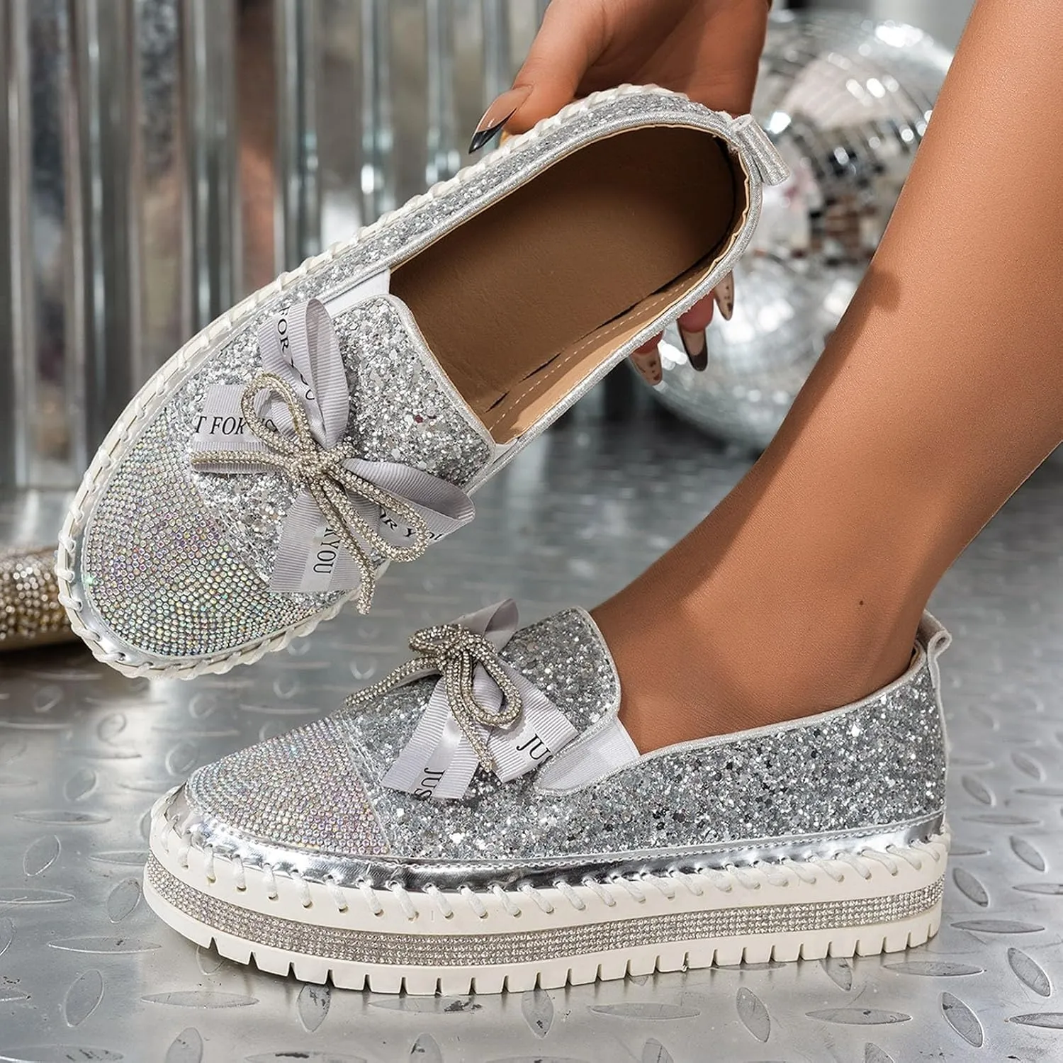 Women's Platform Shoes Slip On Rhinestone Sneakers