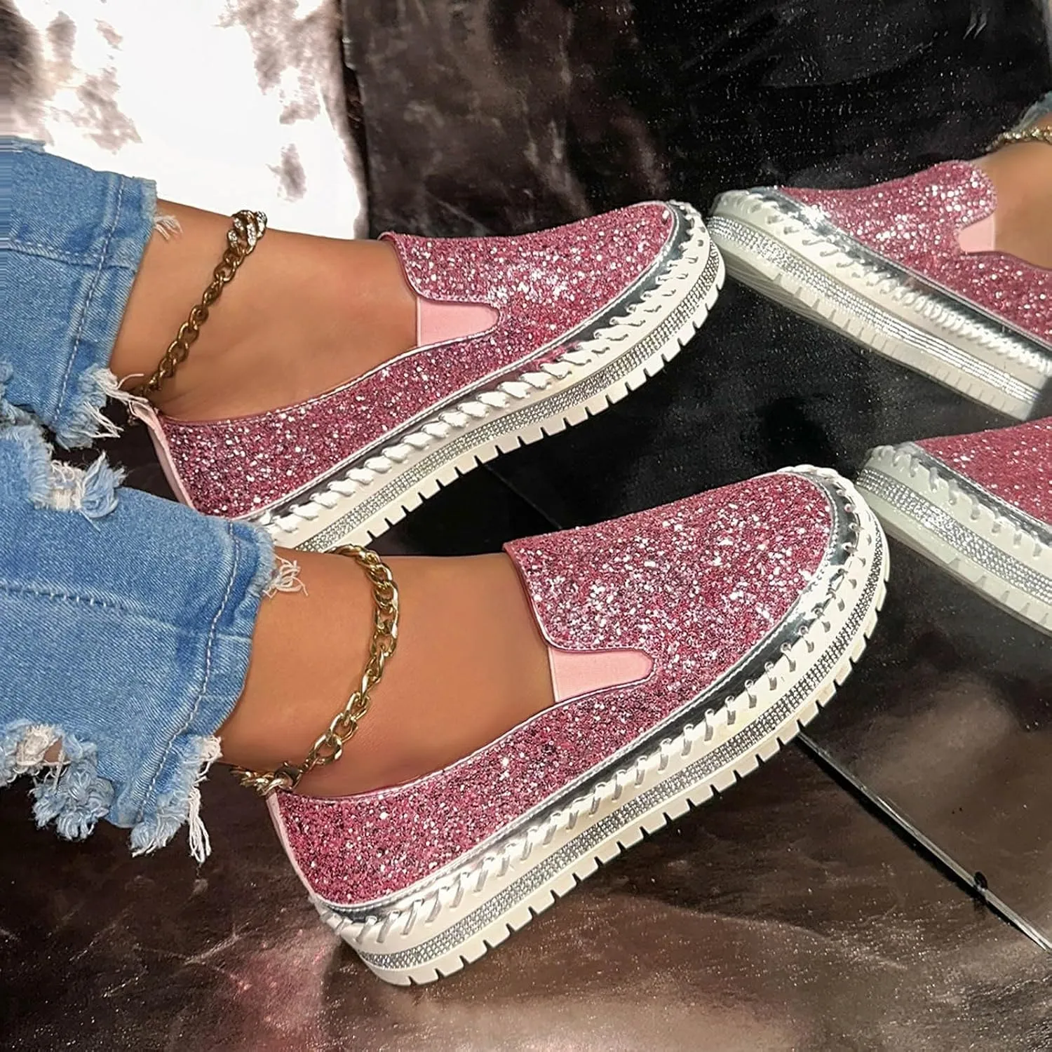 Women's Platform Shoes Slip On Rhinestone Sneakers