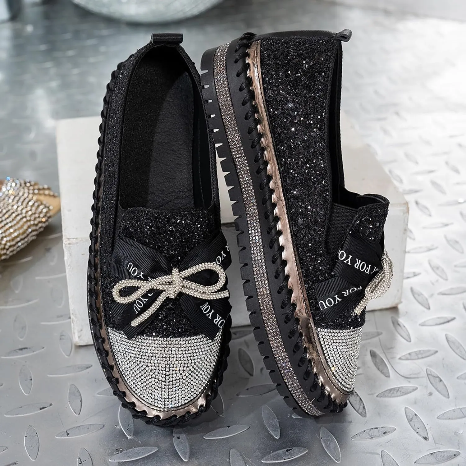 Women's Platform Shoes Slip On Rhinestone Sneakers