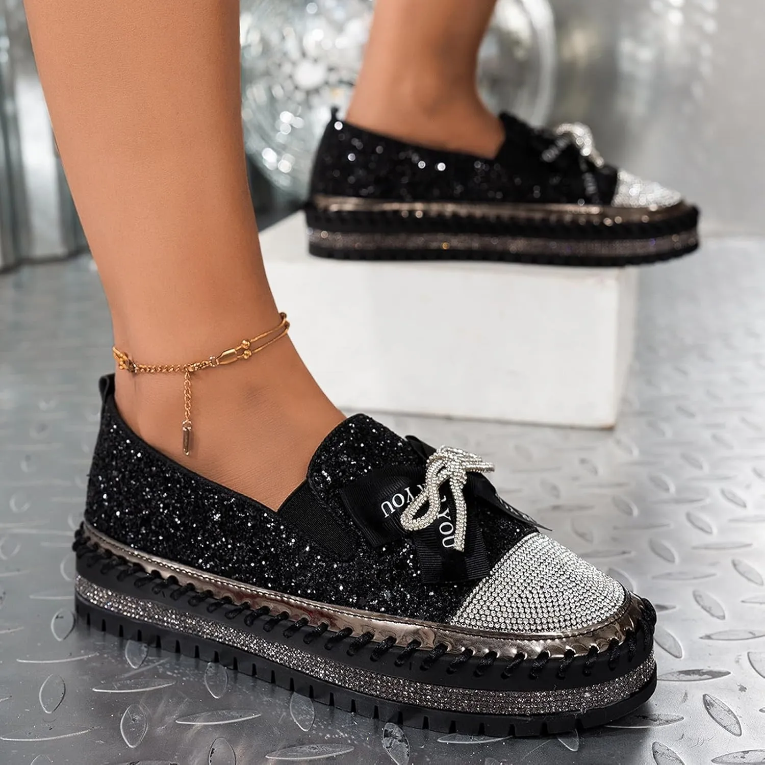 Women's Platform Shoes Slip On Rhinestone Sneakers