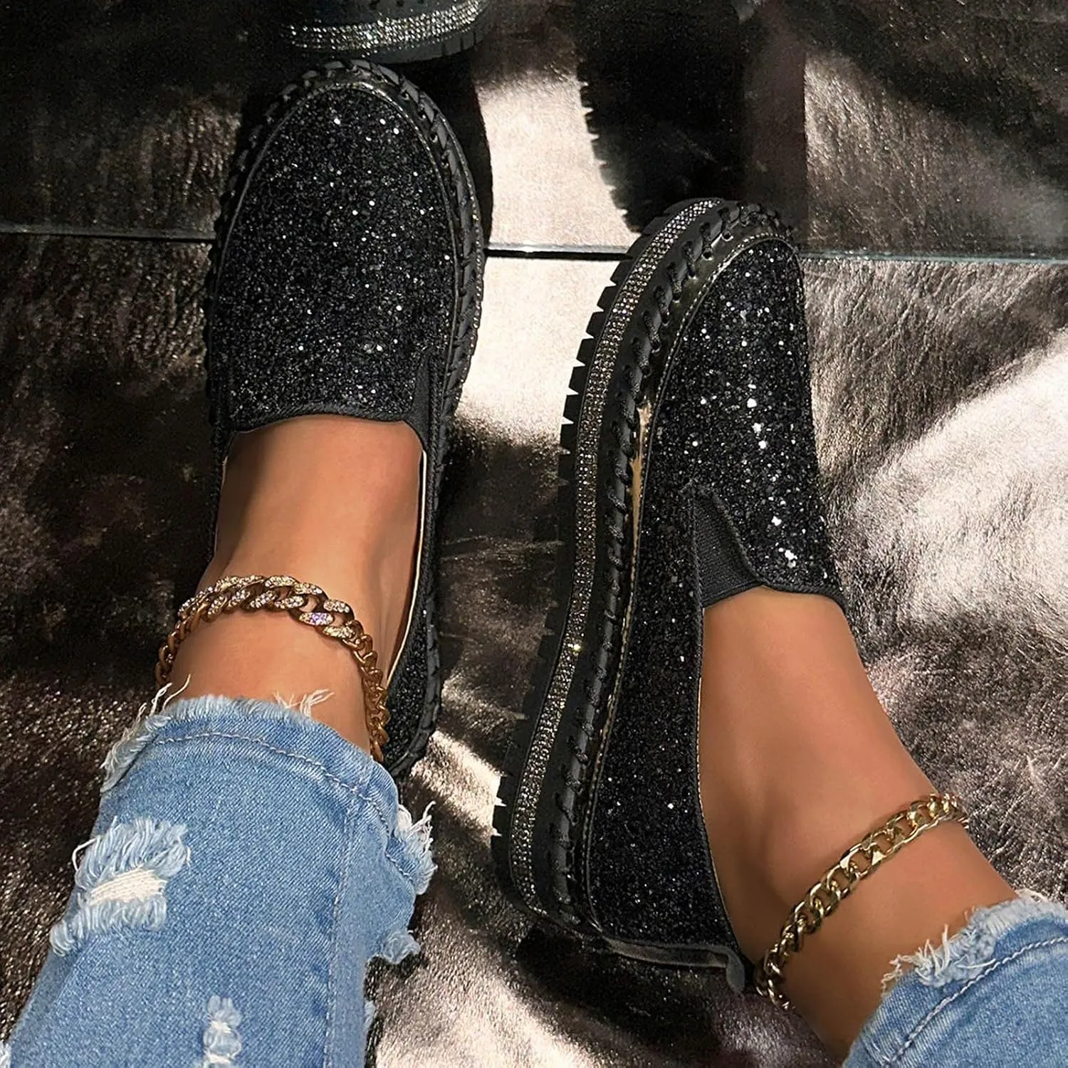 Women's Platform Shoes Slip On Rhinestone Sneakers