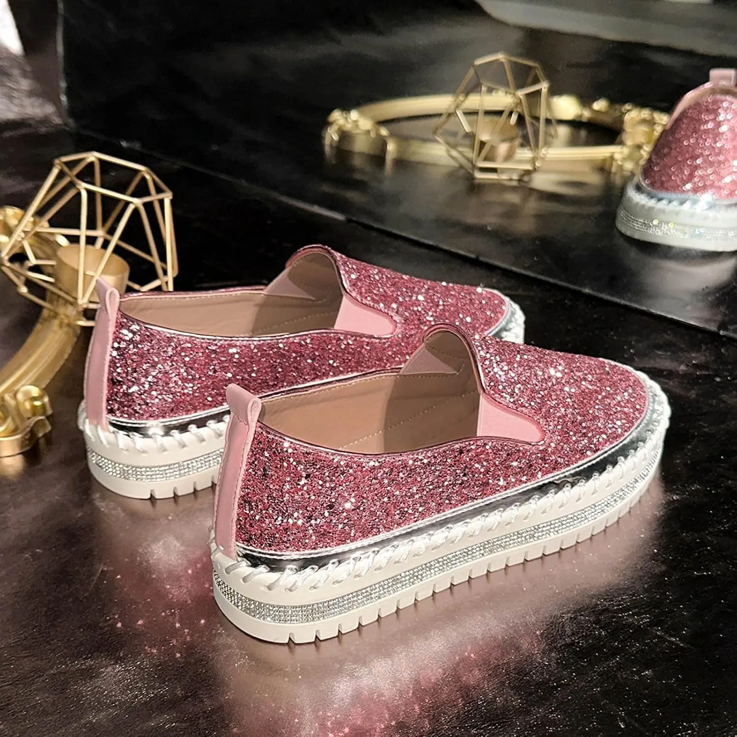 Women's Platform Shoes Slip On Rhinestone Sneakers